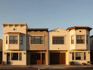 Architectural facade of a classic coastal fourplex building in Hermosa Beach, warm golden-hour light