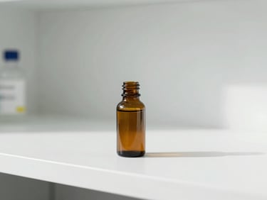 Minimalist amber glass bottle on a clean white laboratory shelf, soft shadows, clinical aesthetic