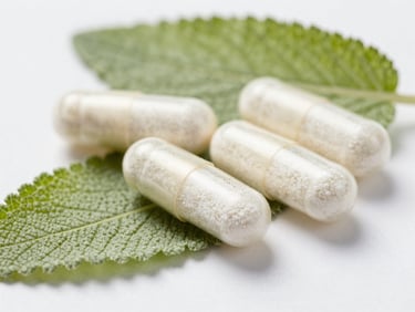 Macro shot of clean transparent supplement capsules filled with white powder, resting on a raw sage leaf, bright clinical daylight, sharp focus, 35mm