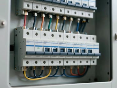 Close-up of an electrical panel with organized wiring, breakers labeled clearly, studio lighting on clean white wall surface, no hands in frame