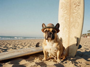 Low-angle shot of a French bulldog wearing a retro knit hat sitting next to a vintage surfboard on a sandy beach, warm 70s aesthetic, analog film.