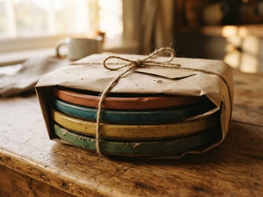 Close-up of a stack of colorful, heavy-bottomed stoneware plates wrapped in recycled paper packaging, tied with twine, on a rustic wooden table under golden-hour window light.