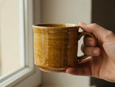 Close-up of a hand gently holding a warm mustard-colored stoneware mug, showing its tactile weight and glaze texture, under soft window light.