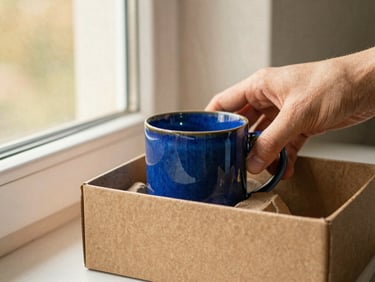 Hands carefully placing a vibrant cobalt glaze mug into a custom-fit recycled paper box, with visible texture of the paper, under warm window light.