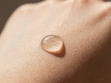 Macro close-up of a thick serum droplet on clean skin, catching sharp morning sunlight, shallow depth of field.