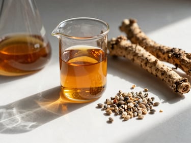 Scientific glassware with amber liquid, raw botanical seeds and roots beside it, crisp directional morning sunlight.
