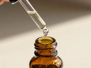 Amber glass dropper bottle catching natural light, with a single thick serum droplet suspended from the pipette, macro lens.