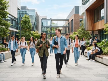 Bright editorial photography of a modern university campus courtyard, optimistic students walking under natural daylight, 35mm.