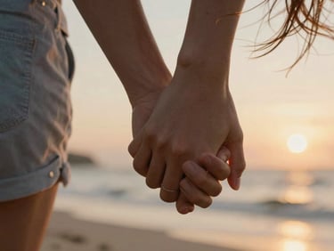 Extreme close-up of a couple's wind-blown hair and intertwined fingers during a beach walk, warm low-angle sunset light