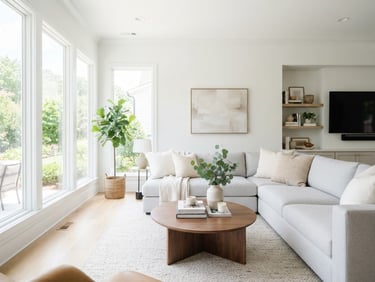 Bright high-key interior photography of a clean modern living room in Columbia, SC, crisp natural daylight, sharp focus
