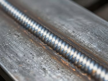 Dramatic side-lit macro shot of an unpainted MIG weld on heavy steel plate, highlighting the perfect uniform ripples of the weld bead.