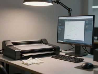 Wide environmental shot of a tidy studio workstation — a calibrated monitor, a flatbed scanner lid open, cotton gloves resting on the surface, soft diffused overhead light, warm gray tones, no people visible, communicating quiet professional capability