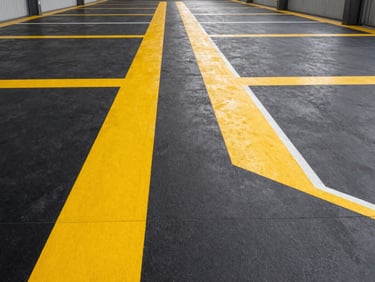 Interior industrial warehouse floor showing crisp safety yellow walkways and white boundary lines on clean concrete.