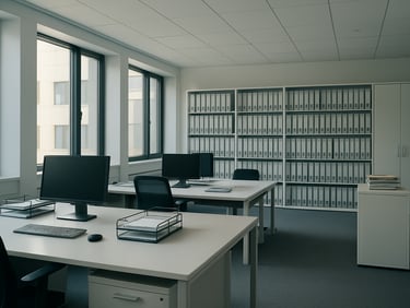 A structured, clean office environment with architectural scale, cool daylight illuminating organized desks and documentation folders.