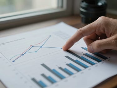 Close-up of a data visualization printout — bar charts and regression lines on paper, a finger pointing at a specific data point, cool daylight from a nearby window