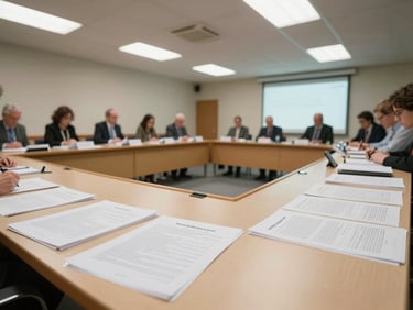 Wide environmental shot of an institutional conference room during a working session, papers spread across the table, overhead lighting, no posed participants