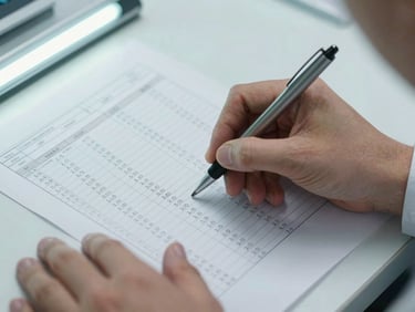 Close-up overhead of a researcher's hands annotating a printed data table on a desk under cool fluorescent light, pen mid-stroke, columns of trade figures visible