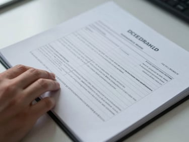 Close-up overhead of an open policy brief document on a desk, printed data tables visible, a researcher's hand resting at the margin, cool institutional daylight from the left