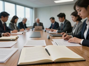 Wide shot of a government meeting room, open notebooks and printed explainer documents on the table, participants working, cool daylight through tall windows, no faces shown