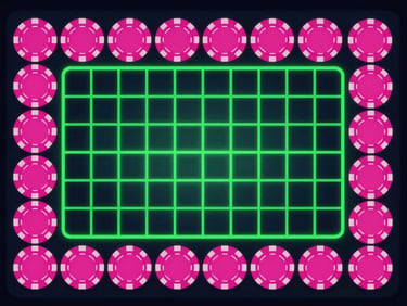 Direct flat-lay device mockup showing a tactical card game with glowing neon pink chips and green grid lines, dark digital backlighting