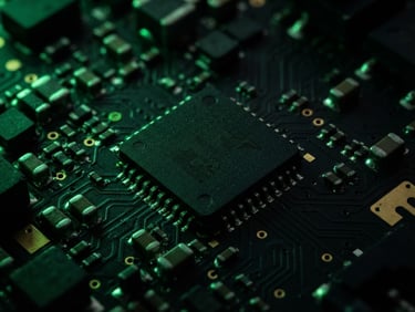 Extreme macro close-up of a Nordic NRF52840 chip on a dark circuit board, illuminated by a sharp neon green key light, high contrast, 35mm lens.