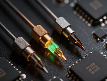 Extreme close-up of hardware debugging probes connected to a dark microchip, sharp amber key light casting across metallic surfaces, 35mm lens.