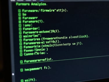 Close-up of a glowing green terminal interface executing firmware analysis code on a dark monitor, high contrast, low-key dramatic lighting.