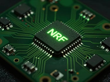 Macro shot of a Nordic NRF wireless chip on an exposed circuit board, sharp neon green key light, dark moody product photography, high contrast.