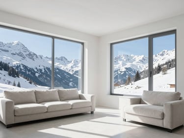 Bright architectural photography of a pristine Swiss living room, natural alpine daylight streaming through large windows, immaculate surfaces reflecting light, 35mm lens.