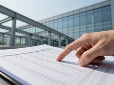 Close-up of a hand pointing to a financial document with numbers, architectural steel and glass in background, crisp morning daylight, cool blue and silver tones, sharp focus, wide-angle lens, professional editorial style