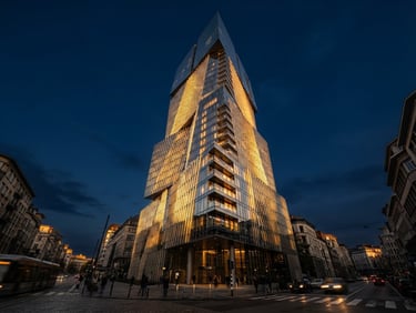 Low-angle architectural photography of a modern luxury high-rise in Brussels at golden hour, deep navy sky, warm gold light reflecting on glass facade, 35mm.