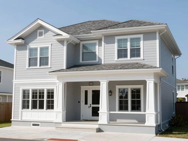 Wide architectural shot of a newly painted luxury coastal home exterior, crisp white trim against a soft gray facade, bright sunlight.