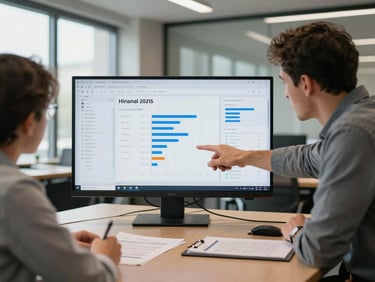 Wide shot of a conference room in natural light, two people leaning over a large monitor showing a hiring funnel dashboard with drop-off metrics, hands pointing at the screen, documents spread on the table