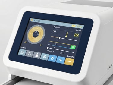 Close-up of a high-resolution digital control interface on an aesthetic laser machine, displaying precise technical parameters, clean clinical studio lighting.