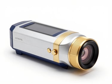 Sleek metallic chassis of an ultra-focused ultrasound device, macro lens showing premium build quality and gold accents, bright white clinical background.