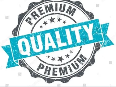 Distressed premium quality stamp with a blue ribbon and stars on a white background.