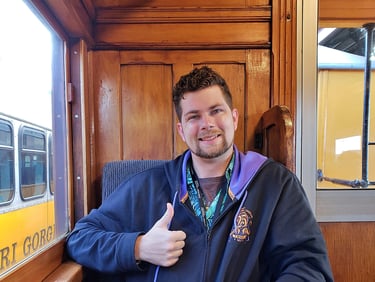 Steven enjoys the Taieri Gorge on the train out of Dunedin, New Zealand