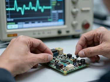 Macro shot under focused cool white workbench light of a technician's hands repairing an industrial motherboard, oscilloscope screen displaying wave patterns in the soft-focus background
