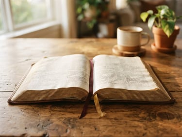 A Bible open on a warm wooden table, soft morning light streaming across the pages, warm editorial photography style.