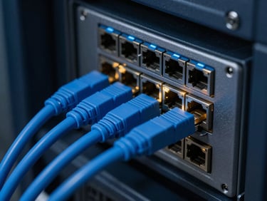 Macro close-up of structured blue fiber optic patching in a server rack, sharp focus on glowing ports, clean cable management, low-key cool lighting