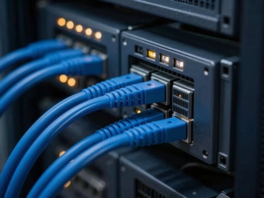 Macro shot of structured blue cabling in a clean enterprise server rack, cool-toned technical photography, sharp LED indicators, depth of field, 35mm