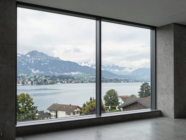 Wide environmental view of the Lake Geneva region from a modern Swiss office window, soft overcast daylight, clean concrete frames, misty mountains in the background.