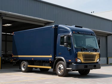 A sleek delivery truck parked outside a modern steel warehouse, sharp daylight, high contrast