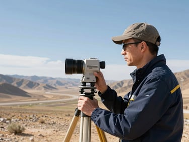 Professional surveyor operating a high-end GPS receiver in a wide open valley, bright sky