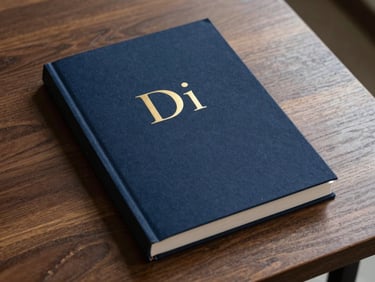Minimalist book cover design with clean serif typography on premium textured paper, resting on a dark wood table under sharp architectural light