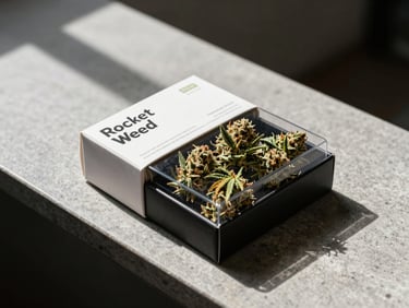 Close-up of premium cannabis flower in a sealed, branded Rocket Weed box sitting on a minimalist slate counter, bright daylight casting sharp geometric shadows