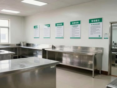 Wide environmental shot of an industrial canteen serving area, stainless steel counters and hygiene signage on wall visible, clean empty facility under bright even lighting, no staff faces