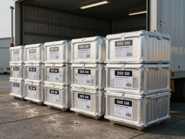 Wide shot of insulated food transport containers lined up on a loading dock under daylight, each container labeled with contents and temperature range, no people
