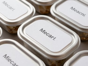 Close-up overhead of labeled meal containers in stainless steel trays under bright even studio lighting, temperature tags visible, no faces