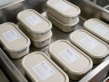 Overhead view of labeled meal containers in a stainless steel industrial kitchen, bright even lighting, each container with a printed date and batch code visible